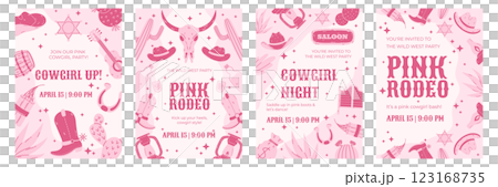 Set of pink Wild West-themed party poster templates with cowboy and rodeo illustrations. Cartoon vector design for event promotion. Poster mockups for greeting cards, invitations, or banners. 123168735