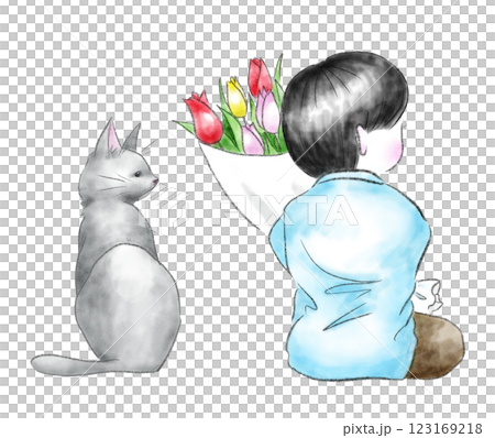 花束を持った子供と振り向く猫 123169218