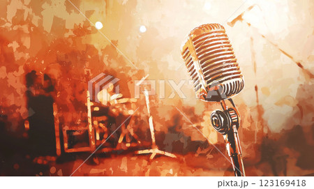Watercolor Illustration of a Sleek Microphone on Stage with Blurred Band Background. Concept of Music Performance, Retro Style, Artistic Expression, Sound Recording 123169418