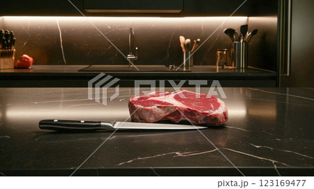Raw beef steak meat with sharp chef's knife on marble kitchen countertop. concept of culinary preparation, cooking essentials, gourmet cuisine, professional kitchen Raw beef steak meat with sharp chef's knife on marble kitchen countertop. concept of culinary preparation, cooking essentials, gourmet cuisine, professional kitchen 123169477