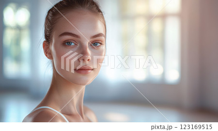 Graceful caucasian female ballerina with serene expression, capturing poise and elegance in ballet close-up portrait. Copy space 123169515