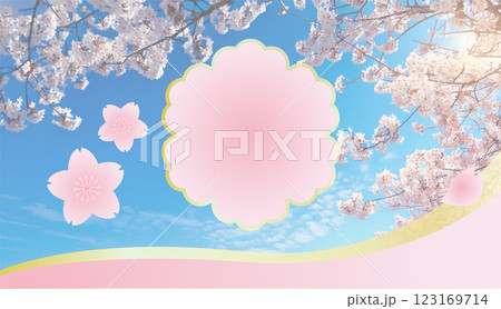 青空に舞う桜　お花見 入園入学新生活タイトルバナー背景素材　横 123169714