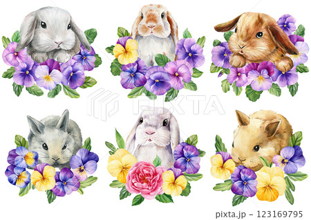 Spring Soft Bunny with Purple Flowers set. Adorable watercolor rabbit illustration isolated, cute Easter animal clipart 123169795