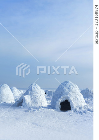 Igloo holiday. Eskimo dwelling made of ice and snow. Lots of igloo built, Vertical photo 123169974