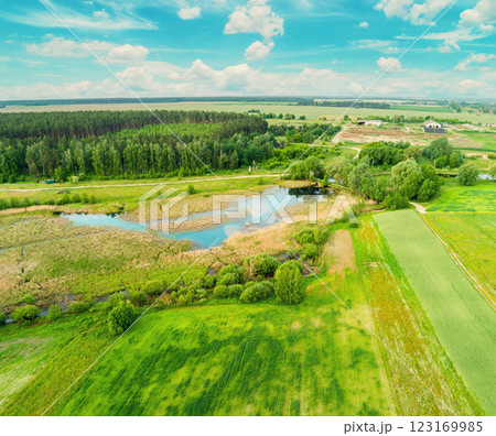 View of the countryside from above. View of cultivated fields, brook, and green forest in summer 123169985