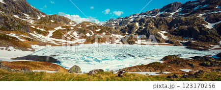 Glacial melting lake in the mountains in summer. Natural park in the municipality of Sauda. Beautiful nature of Norway, Europe. Horizontal banner 123170256