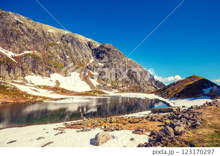 Glacial mountain lake in summer. Natural park in the municipality of Sauda. Beautiful nature of Norway, Europe Glacial mountain lake in summer. Natural park in the municipality of Sauda. Beautiful nature of Norway, Europe 123170297