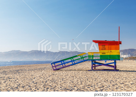 Vibrant lifeguard tower painted in LGBTQ rainbow colors 123170327