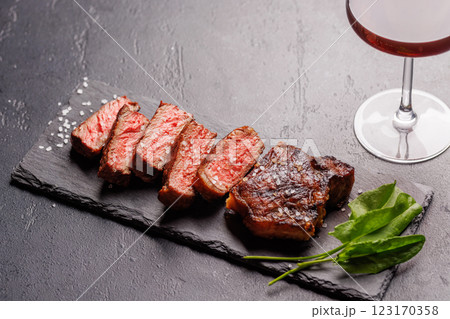 A perfectly cooked sliced striploin steak with a juicy, tender texture 123170358