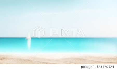 A serene seaside view with sailboat gently gliding on the horizon 123170424