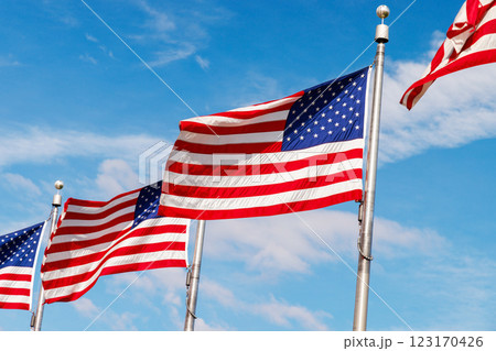 Rows of American flags waving against a sunny sky Rows of American flags waving against a sunny sky 123170426