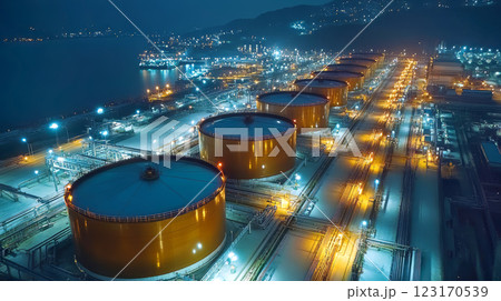 Aerial view of a liquefied natural gas plant with a lot of liquefied natural gas tanks. Liquefied natural gas distribution station. Industry zone. 123170539