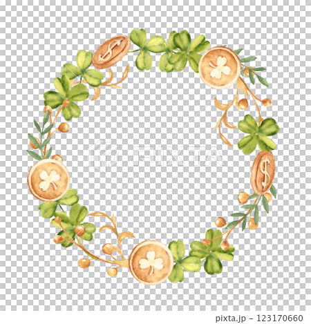 Clover, Golden Coins and Branches Wreath, Round frame, border. Watercolor hand drawn Shamrock illustration isolated on a white background. Symbol of Good luck, wealth or success for St. Patrick's Day. Clover, Golden Coins and Branches Wreath, Round frame, border. Watercolor hand drawn Shamrock illustration isolated on a white background. Symbol of Good luck, wealth or success for St. Patrick's Day. 123170660