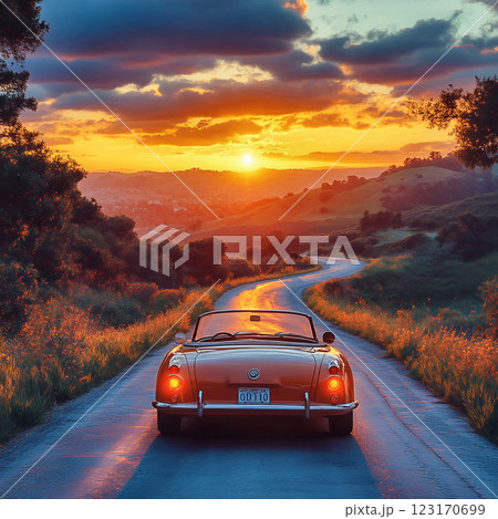 Classic Red Convertible on Route 66 123170699