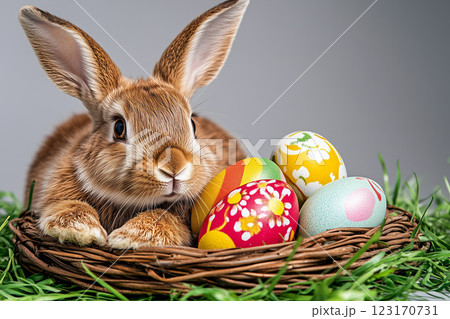 Adorable Bunny Rabbit Nestled Among Colorful Easter Eggs on Soft Pastel Background Adorable Bunny Rabbit Nestled Among Colorful Easter Eggs on Soft Pastel Background 123170731