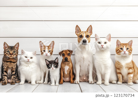 Cute Pets Sitting Together on a White Background for a Banner Design Concept 123170734