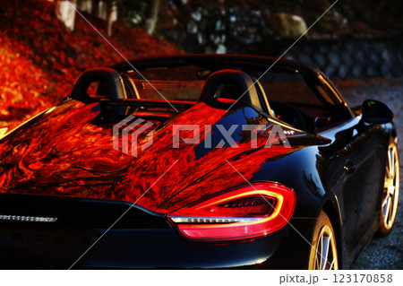 黒いオープンカーとボディに写り込む紅葉 黒いオープンカーとボディに写り込む紅葉 123170858