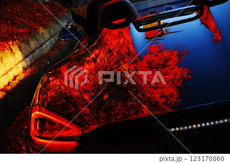 黒いオープンカーとボディに写り込む紅葉 黒いオープンカーとボディに写り込む紅葉 123170860