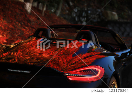 黒いオープンカーとボディに写り込む紅葉 黒いオープンカーとボディに写り込む紅葉 123170864