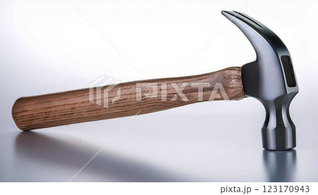 a modern claw hammer with a polished steel head and a smooth wooden handle, construction, carpentry, DIY projects, and professional tools, hammer is reflective metal surface 123170943