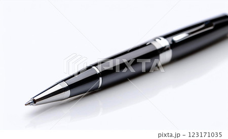 close up of a pen, A sleek black ballpoint pen with silver accents resting on a reflective white surface, pen is elegance, making it suitable for business, office, writing, and productivity themes close up of a pen, A sleek black ballpoint pen with silver accents resting on a reflective white surface, pen is elegance, making it suitable for business, office, writing, and productivity themes 123171035