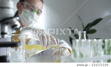 Woman scientist wearing a lab coat, white gloves, and a mask is pouring a yellow oily liquid from one beaker to another in a laboratory setting, close up. Science and medicine 123171159