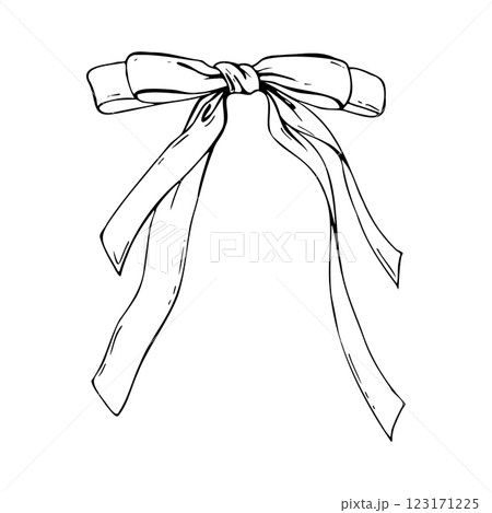 Satin bow made of fabric, narrow in two layers with long twisted ribbons. Graphic sketch illustration hand drawn line art, outline in black ink. Single isolated element vector EPS, for decoration 123171225