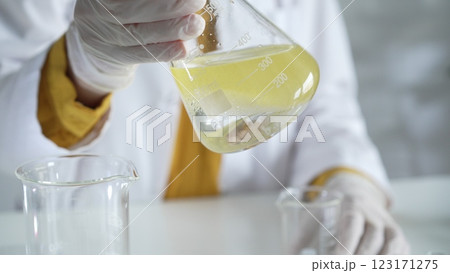 A scientist wearing white protective gloves is shaking up a yellow chemical solution inside an Erlenmeyer flask in a laboratory set, close up. Science and medicine concepts A scientist wearing white protective gloves is shaking up a yellow chemical solution inside an Erlenmeyer flask in a laboratory set, close up. Science and medicine concepts 123171275