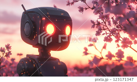 Cheerful robot companion in anime style amid blossoming cherry trees at sunset. concept of futuristic friendship, robotic nature, anime art, cheerfulness 123171347