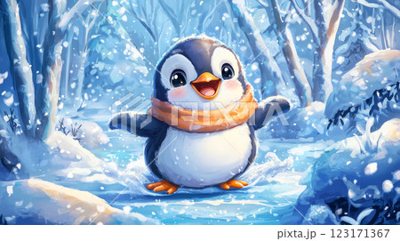 Lovable Penguin with Round Belly and Orange Scarf in Snowy Forest Illustration. Concept of Winter Adventures, Cute Wildlife, Charming Penguin, Snowy Wonderland 123171367