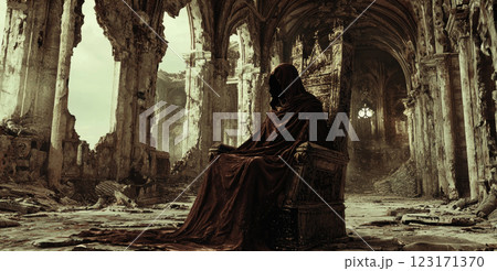 Mysterious Hooded Figure Sitting on Gothic Throne in Ruined Cathedral. Concept of Dark Fantasy, Medieval Apocalypse, Mystic King, Haunted Kingdom, Ancient Ruins, Supernatural Power, Royal Solitude 123171370