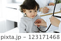 Woman-doctor examining a child patient by stethoscope. Cute arab toddler at physician appointment. Medicine concept 123171468