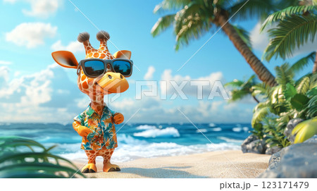 Cartoon Giraffe Wearing Sunglasses and Hawaiian Shirt on Tropical Beach with Ocean and Palm Trees. Concept of Vacation Fun, Quirky Style, Beach Relaxation, Exotic Adventure 123171479