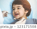 Cute arab boy sitting at dental chair with open mouth during oral checking up with doctor. Visiting sunny dentist office 123171508