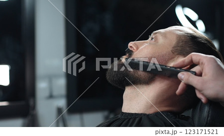 Skilled barber carefully combing thick beard of male client, providing professional grooming service in traditional barbershop setting with precision and attention to detail Skilled barber carefully combing thick beard of male client, providing professional grooming service in traditional barbershop setting with precision and attention to detail 123171521