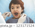 Cute arab boy sitting at dental chair with open mouth during oral checking up with doctor. Visiting sunny dentist office 123171524