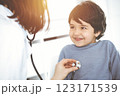 Doctor-woman examining a child patient by stethoscope in sunny clinik. Medicine concept 123171539