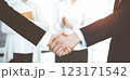 Businessman and woman shaking hands with colleagues at the background. Handshake at meeting in sunny office 123171542