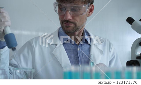Scientist man wearing a lab coat and safety glasses is using a micropipette to drop a liquid into a test tube, portrait view. Medicine and science 123171570