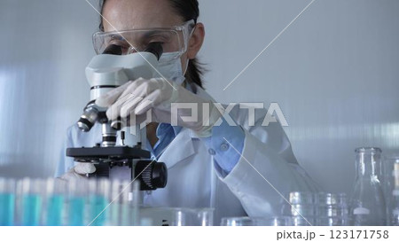 Scientist woman, wearing a lab coat, mask, white gloves and safety glasses, is using a microscope surrounded by test tubes in laboratory. Portrait view. Medicine and science concept 123171758