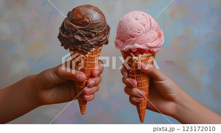 Two hands holding chocolate and strawberry ice cream cones. 123172010
