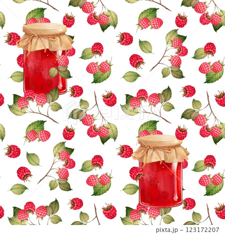 Red raspberry branches and jar with jam. Seamless pattern on white background. Red raspberry branches and jar with jam. Seamless pattern on white background. 123172207