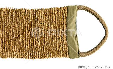 Scrub belt made of jute, cleaning and massaging cloth with a hard fleece used when washing to clean the body in the bath, white isolated material 123172405