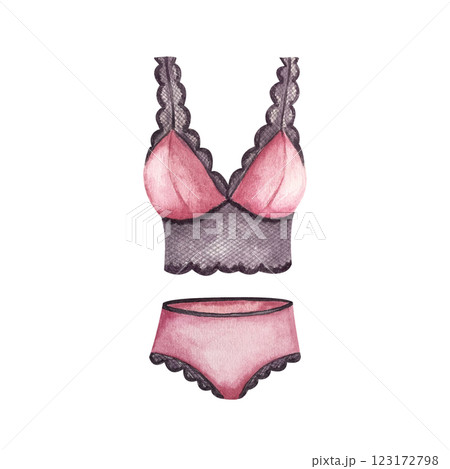 Women lingerie. Half-cup bra with hiphugger panties. Lace pajamas. Underwear watercolor illustration isolated from background. Beauty fashion style. Bachelorette party, lingerie shop, March 8 cards 123172798