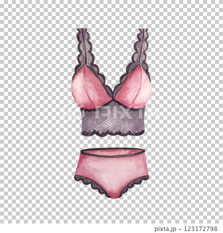 Women lingerie. Half-cup bra with hiphugger panties. Lace pajamas. Underwear watercolor illustration isolated from background. Beauty fashion style. Bachelorette party, lingerie shop, March 8 cards 123172798