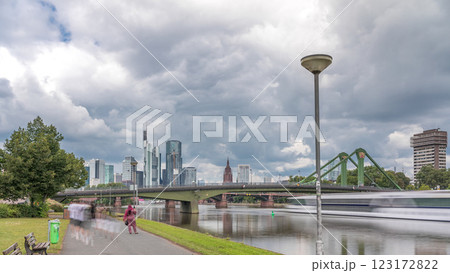 Hyperlapse of Frankfurt's Main Iron Footbridge against the financial district skyscrapers skyline on a sunny day with clouds timelapse. Frankfurt, Germany 123172822