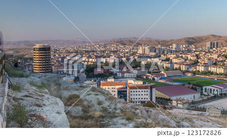 Aerial view from old castle in historical city town of Nevsehir timelapse Aerial view from old castle in historical city town of Nevsehir timelapse 123172826