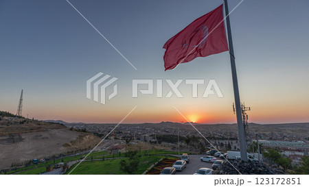 Sunset view from old castle in historical city town of Nevsehir aerial timelapse Sunset view from old castle in historical city town of Nevsehir aerial timelapse 123172851