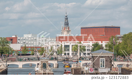 Timelapse view of boats passing through the Amstel locks on the Amstel River. Amsterdam, Netherlands Timelapse view of boats passing through the Amstel locks on the Amstel River. Amsterdam, Netherlands 123172883