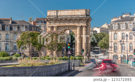 Porte de Bourgogne timelapse hyperlapse, historic medieval gate in Bordeaux, France. 123172893